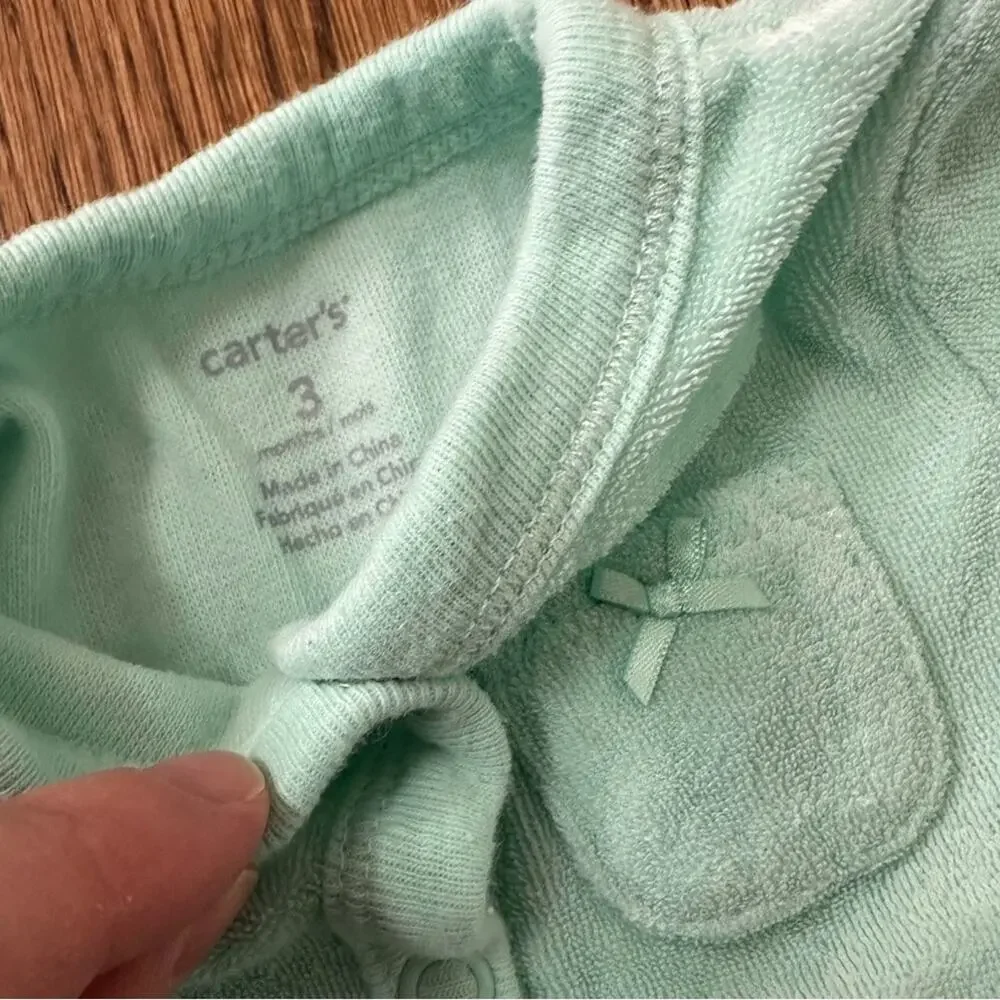 Carter’s terry cloth animal pajama bundle, size 3 months (set of 3 + hat)